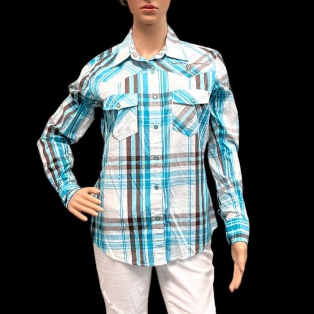 Cowgirl Hardware Rhinestone Snap Shirt Turquoise Plaid Bling Longhorn Sz S